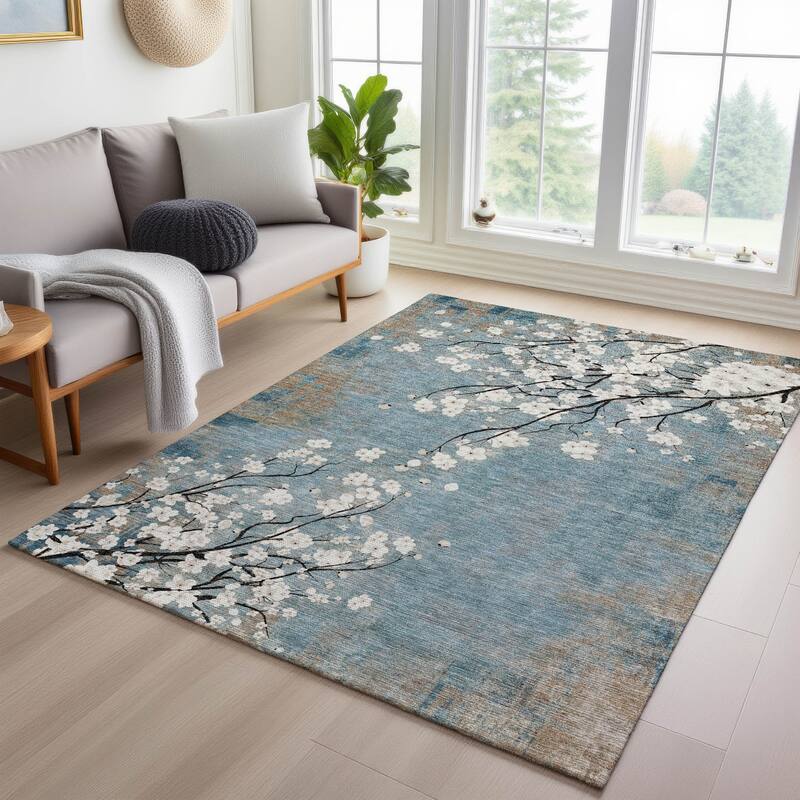 Machine Washable Indoor/ Outdoor Modern Floral Chantille Rug