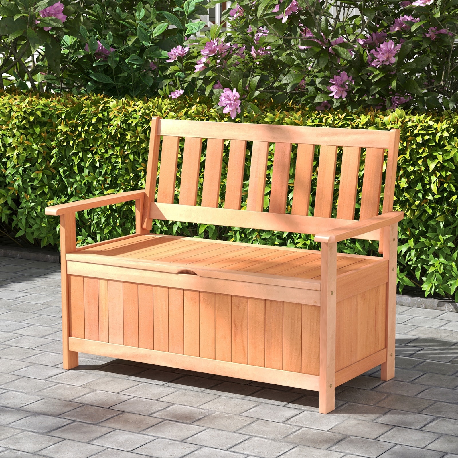 Outdoor storage bench with sale backrest