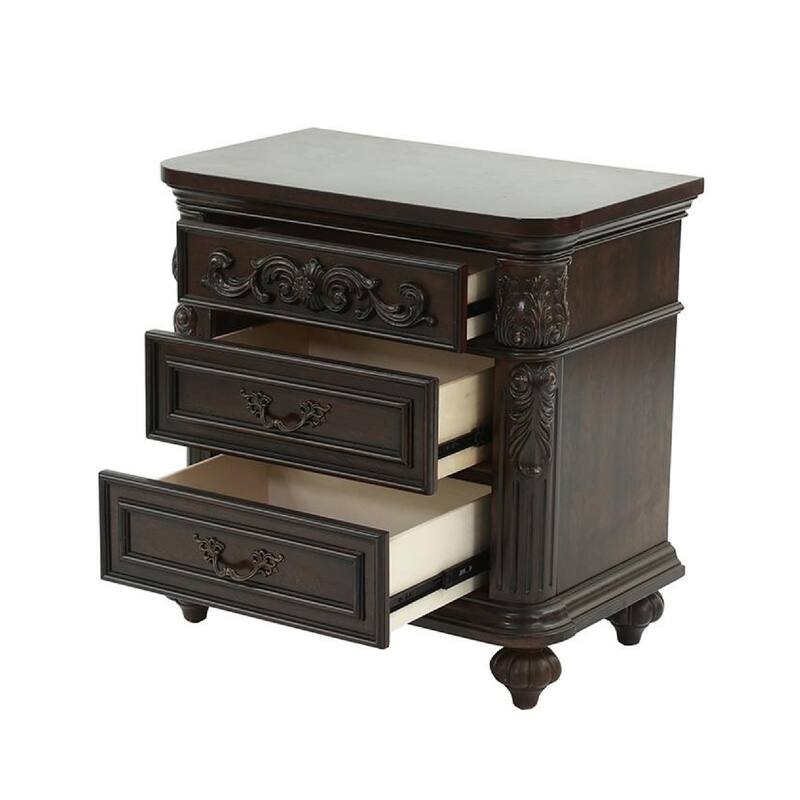 30 Inches 3 Drawer Engraved Wooden Nightstand, Brown