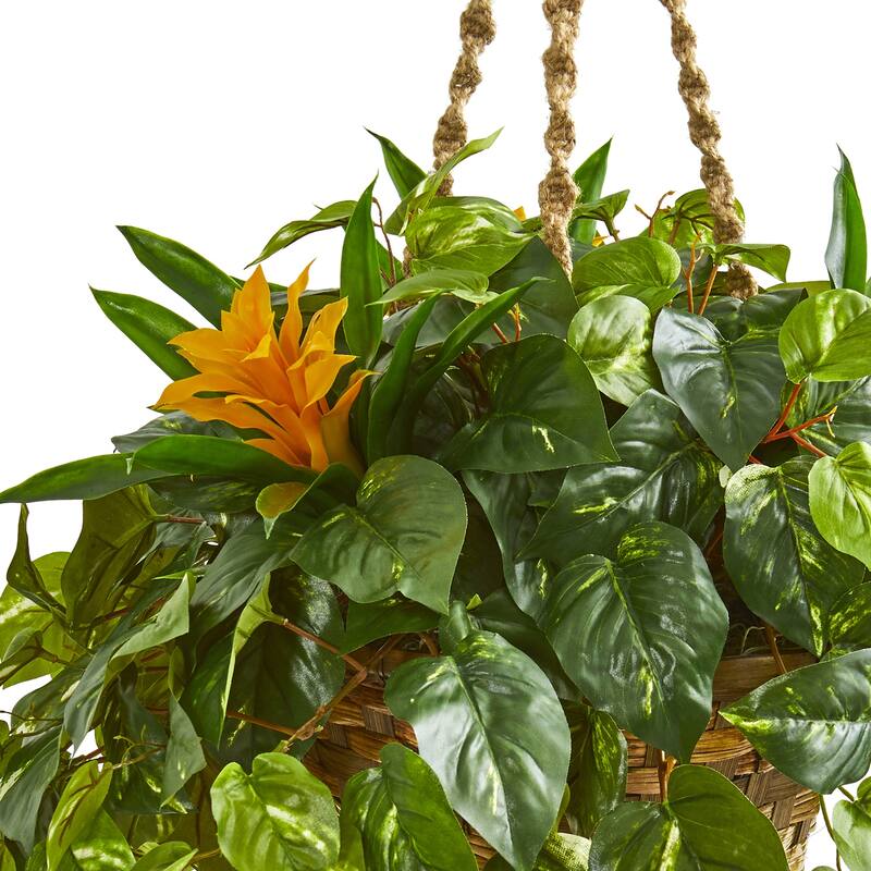 Artificial Hanging Plant - 31 Inch Pothos with Basket - Indoor Decor, Faux Greenery, Home Accent - Green