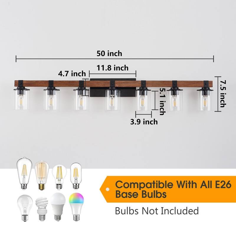 Vanity Light, Industrial Bathroom Wall Sconce with Glass Shades and Wood Accent, Modern Farmhouse Lighting Fixture (No Bulbs)