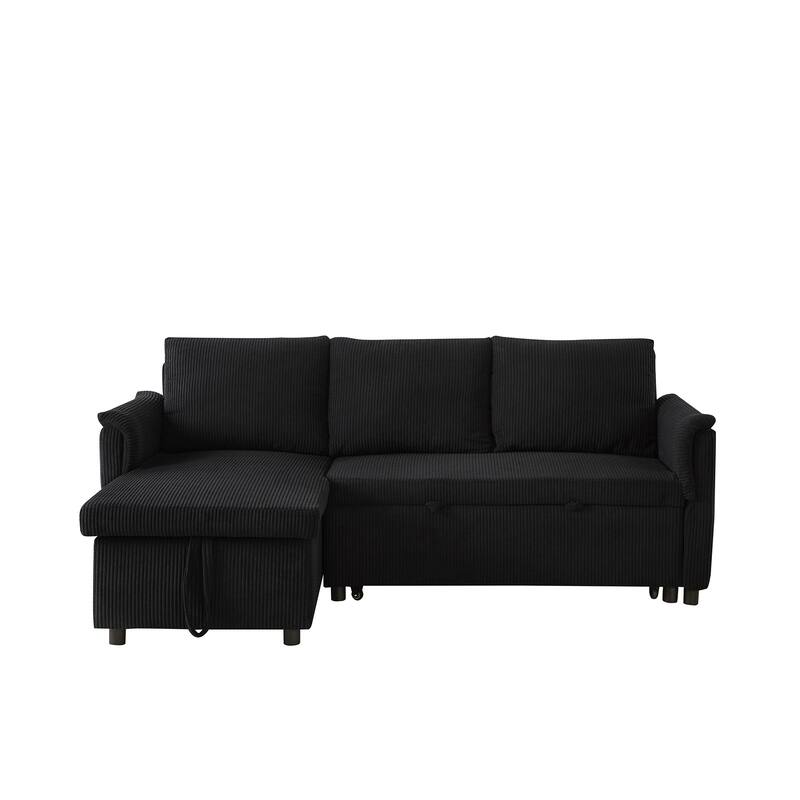 Convertible Corduroy Modular Loveseat Pull-Out Sleeper with Storage Chaise and Reclining Backrest for Living Room