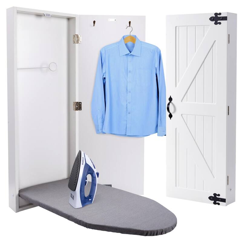 Ivation Wall-Mounted Ironing Board Cabinet w/ Farmhouse Door, Foldable Ironing Storage Station w/ Mirror Door, White