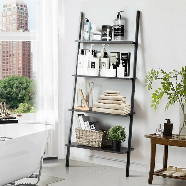 Multipurpose 4-Tier Industrial Leaning Wall Bookcase with Metal Frame - 25'' x 14'' x 60'' (L x W x H)