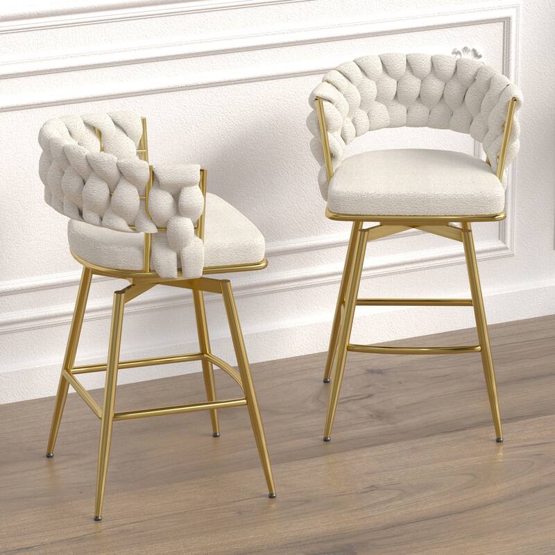 26 Inch Bar Stools Set of 2 White Woven Upholstered Golden Legs Swivel Footrest