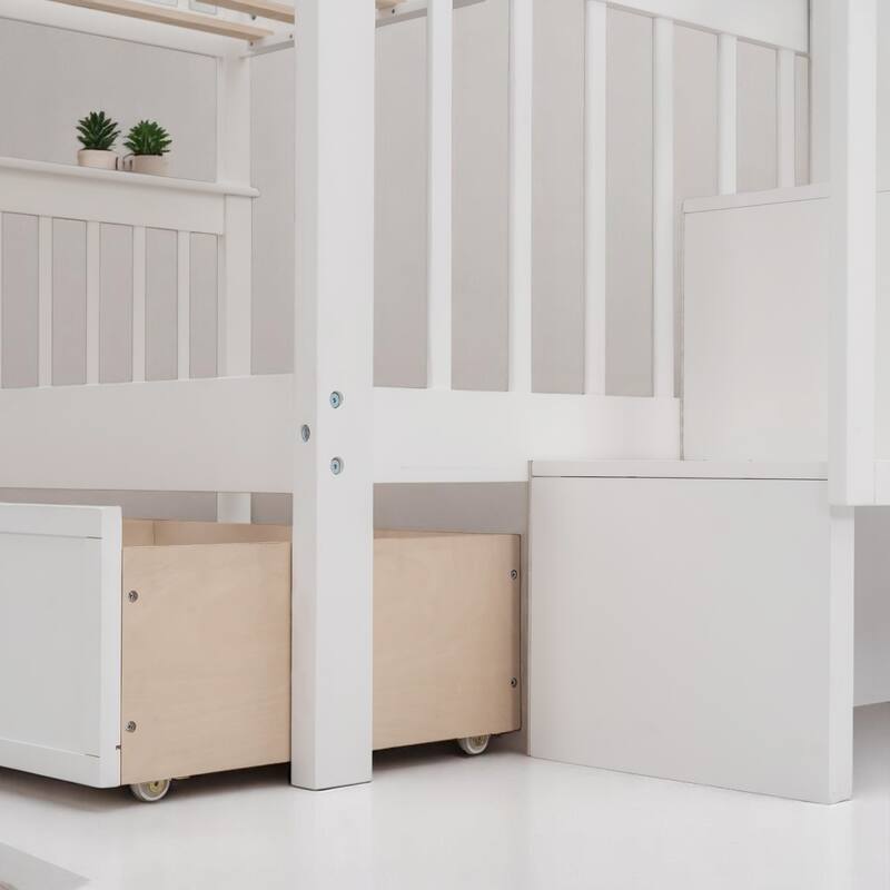 Full Over Full Bunk Bed with Storage Staircase and Shelves, Convertible Design, No Box Spring Needed,kid beds