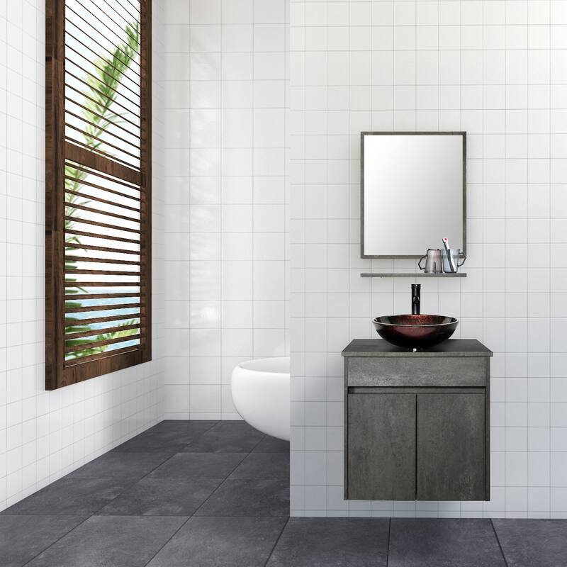 24" Wall Mounted Bathroom Vanity Set W/ Tempered Glass/ Ceramics Sink Combo - brown round sink