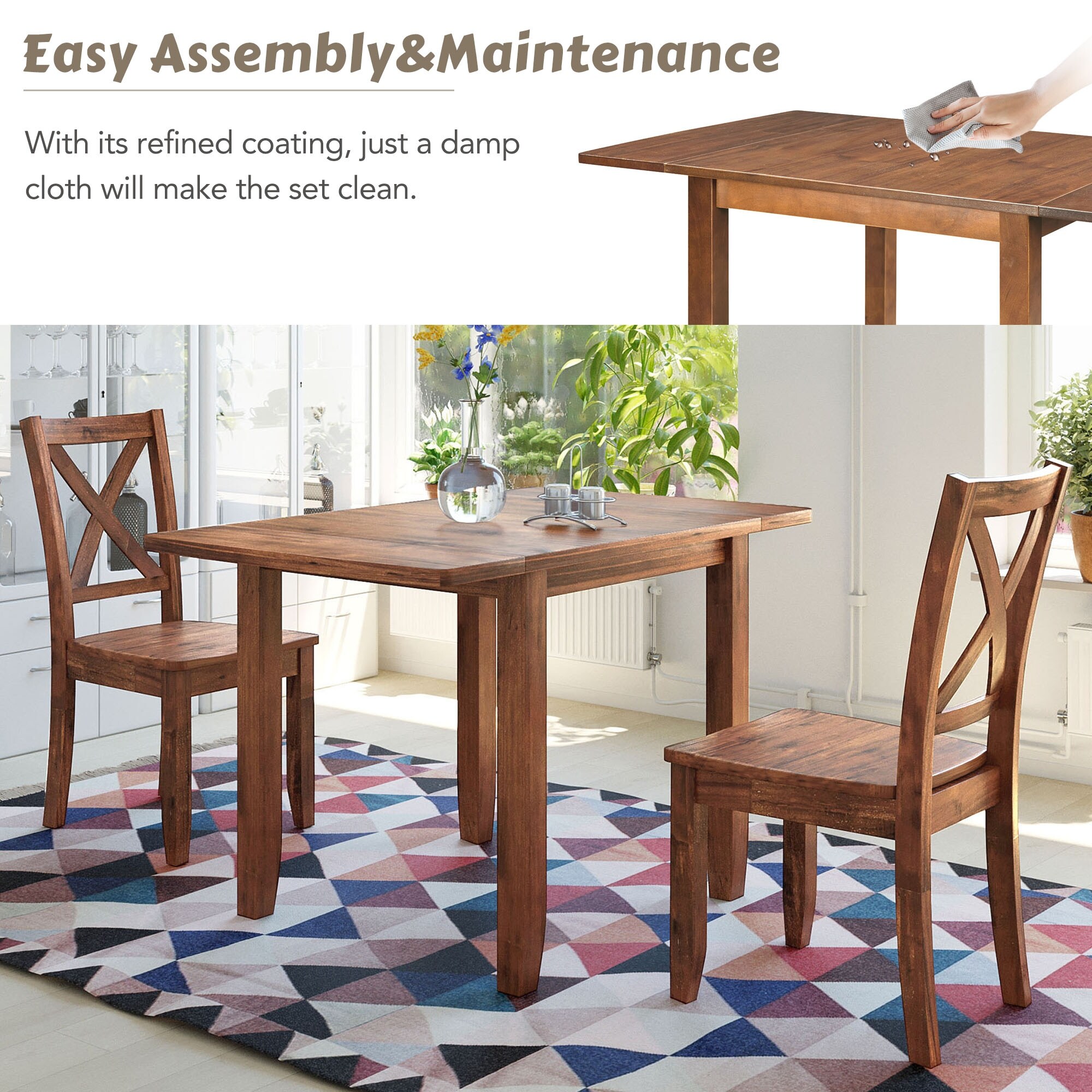 Solid Wood 3-Piece Drop Leaf Dining Table Set, Kitchen Table Set - Main Image