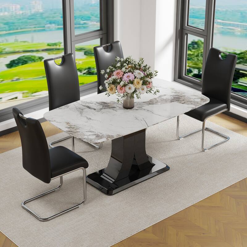 Modern Dining Table Set with Convertible Base, Luxury Rectangular Kitchen Table for 6