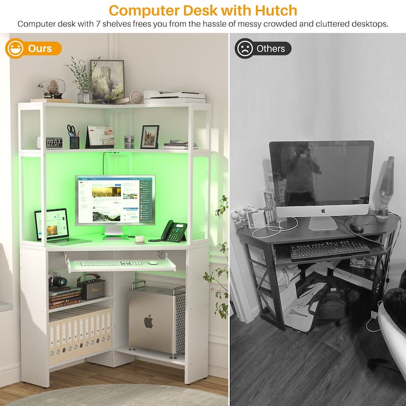 29.5'' W Triangle Corner Computer Desk with Keyboard Tray and Hutch, Sturdy Corner Table with LED Lights and Power Outlets