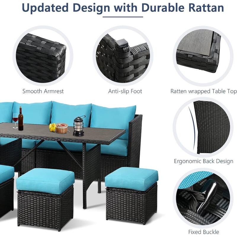 AECOJOY 7-Piece Outdoor Patio Wicker Sectional Sofa with Dining Table