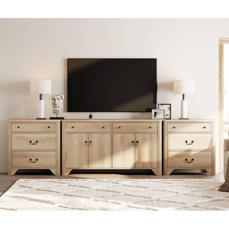 WAMPAT Large Farmhouse TV Stand for TVs up to 120", Modern White Entertainment Center with Storage and Adjustable Shelves - Oak