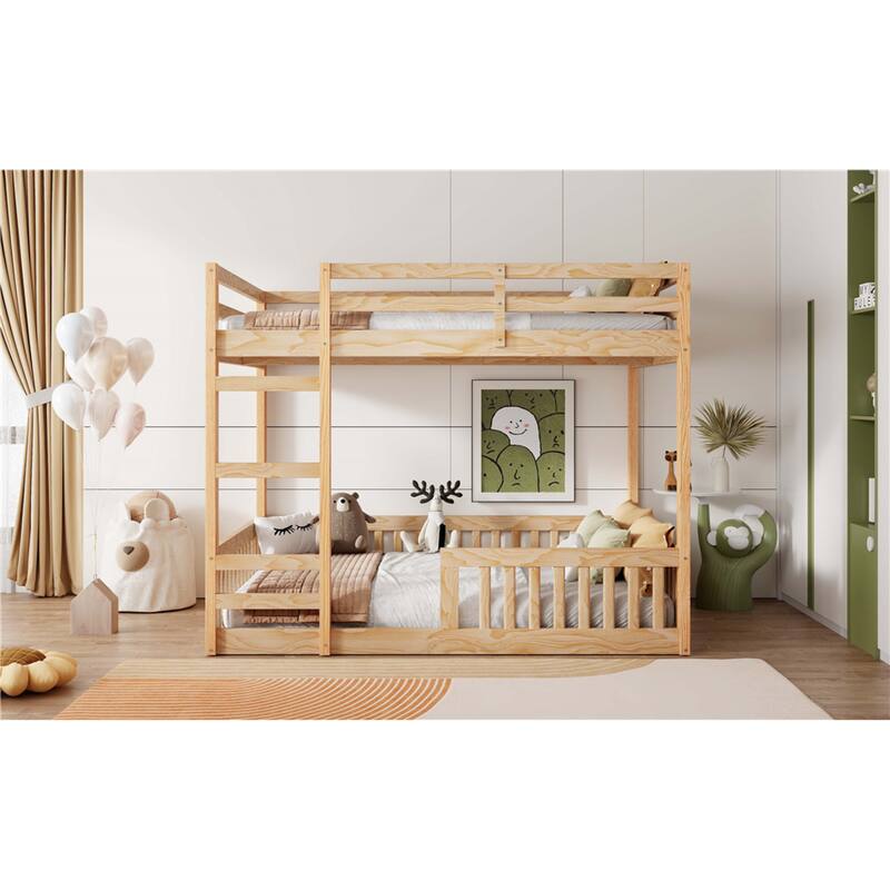 Roomfitters Full Over Full Wood Bunk Bed with Ladder and Guardrails, Solid Pine