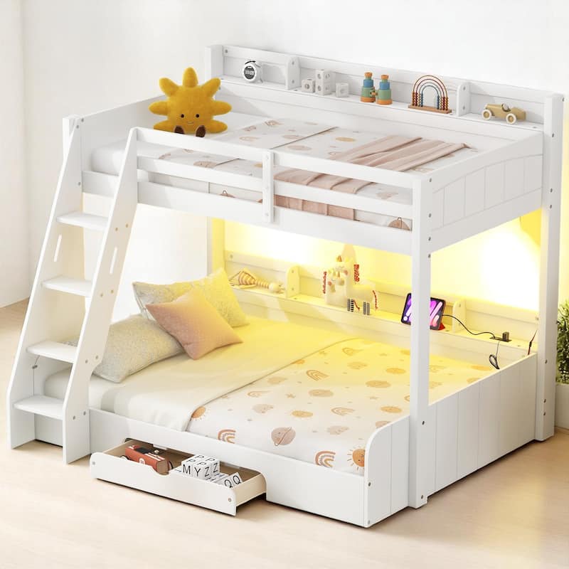 Twin Over Full Bunk Bed with Storage Shelves, LED Lights, Charging Station, and Drawer, kid bed,Storage bed