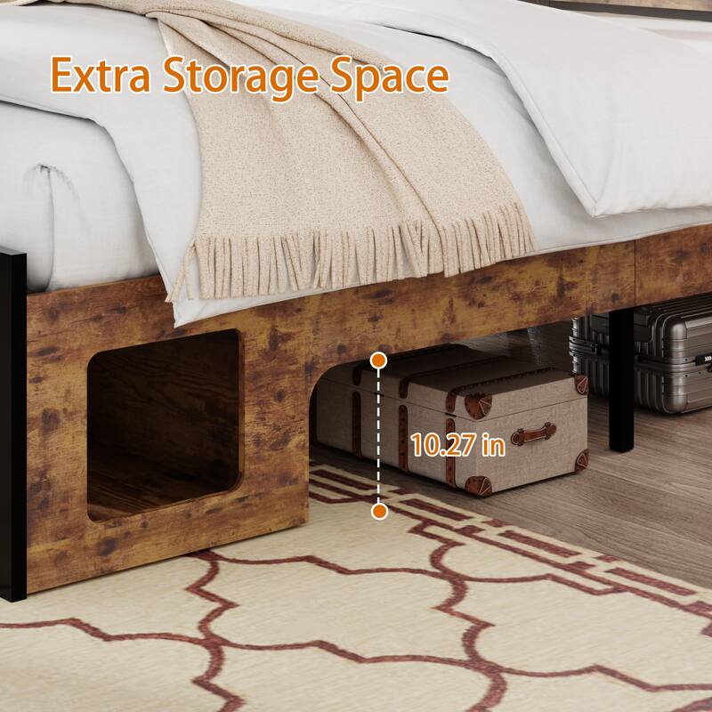 Queen Size LED Upholstered Platform Bed with Charging Station