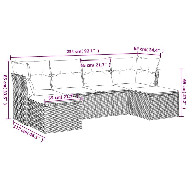 vidaXL Garden Sofa Set Gray PE rattan, Powder-coated steel 6 Piece - 21.7 x 21.7 x 14.6