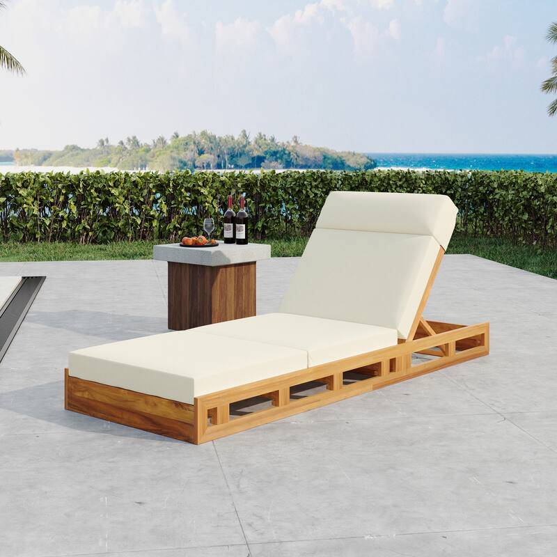 Roomfitters Outdoor Acacia Wood Chaise Lounge with Headrest and 4-Inch Triple-Fold Beige Cushions