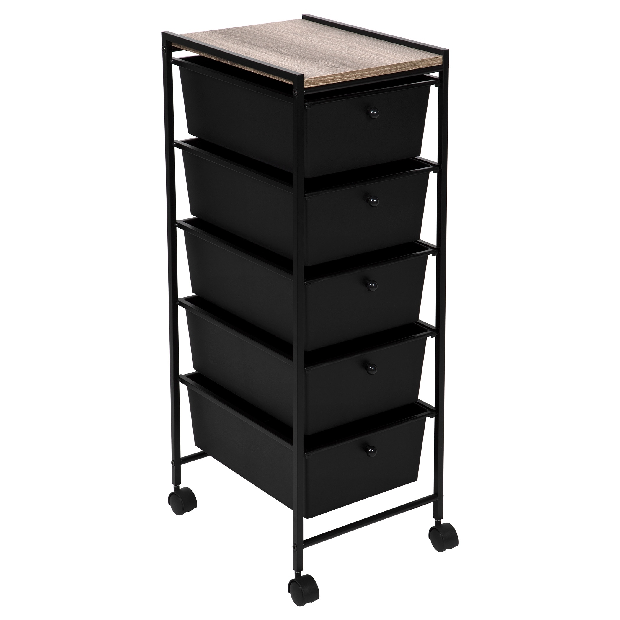 East Bank Designs Narrow 5-Drawer Storage Rolling Cart, Matte Black Frame  with Grey Wood Top
