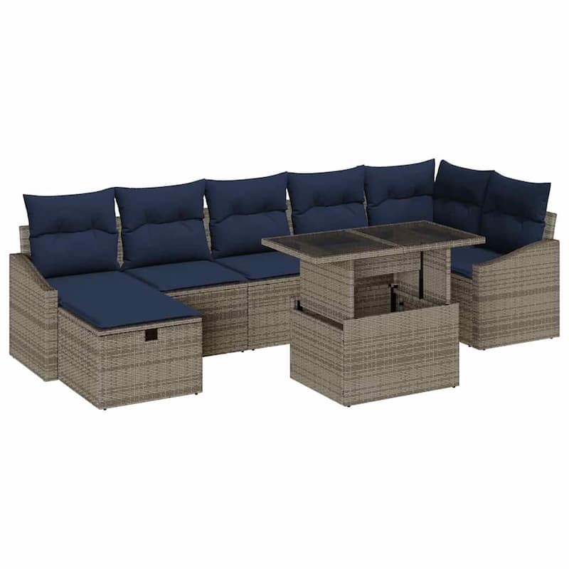 vidaXL 8 Garden Sofa Set with Cushions Black/Brown/Grey Poly Rattan - 113.6 x 48.6 x 27.2