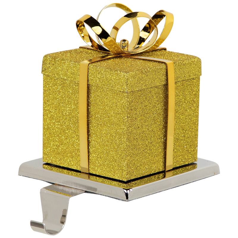 5.5" Glitter Gold and Silver Gift Box Metal Christmas Stocking Holder