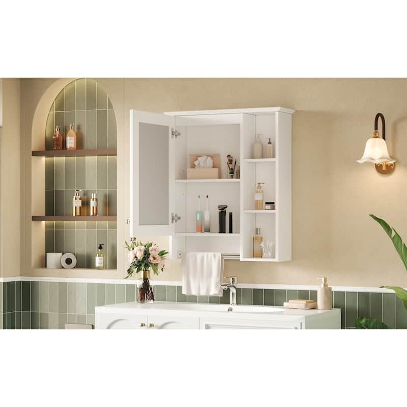 3-in-1 Bathroom Mirror Cabinet, 24-inch Wall Mounted Medicine Cabinet with Adjustable Shelf & Tower Bar