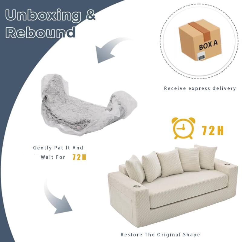 Convertible Corduroy Sleeper Loveseat Sofa Bed 3 Seater Floor Folding Couch with 5 Pillows, Cup Holders and Side Pockets