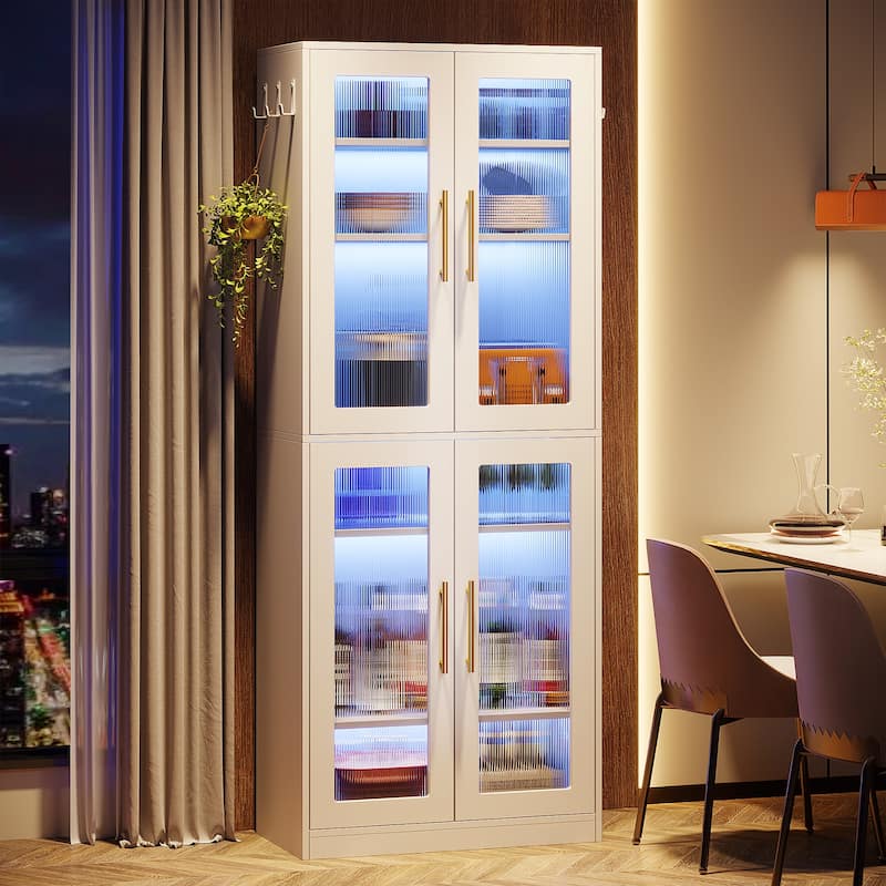 8-tier Modern Tall Bookcase Bookshelf with Doors and LED Light