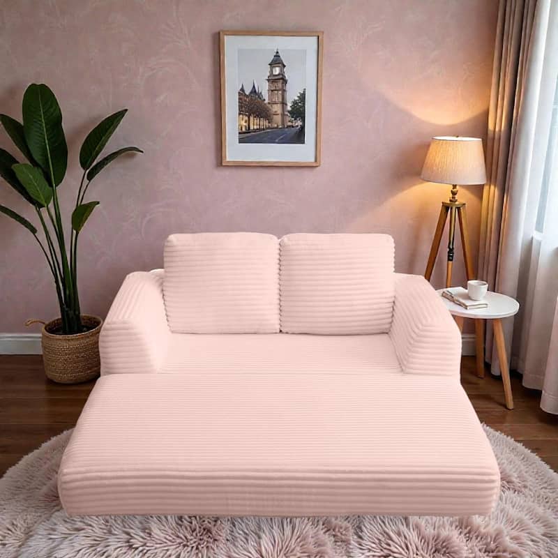 2 in 1 Folding Sofa Bed Loveseat, Corduroy Convertible Sleeper Couch with Pillows, Boneless Floor Futon