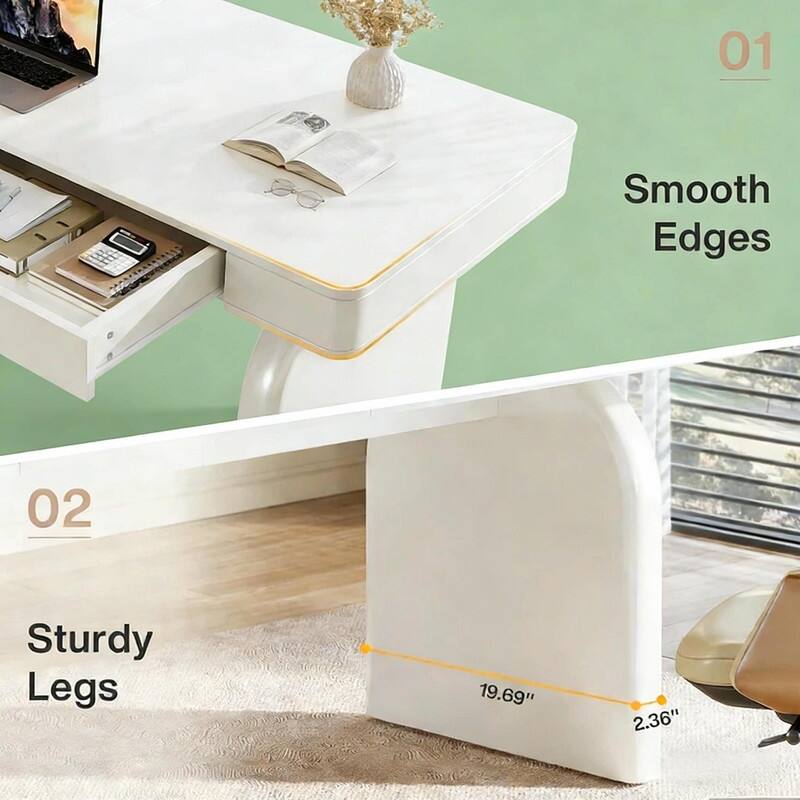 63" Modern White Office Desk with 2 Drawers and Sturdy U-Shaped Legs