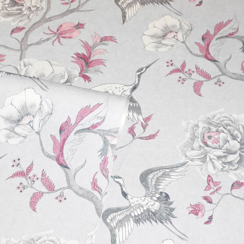 Japanese Floral Crane Grey & Pink Vinyl Wallpaper - 20.8 in. W x 33ft L - Double Roll