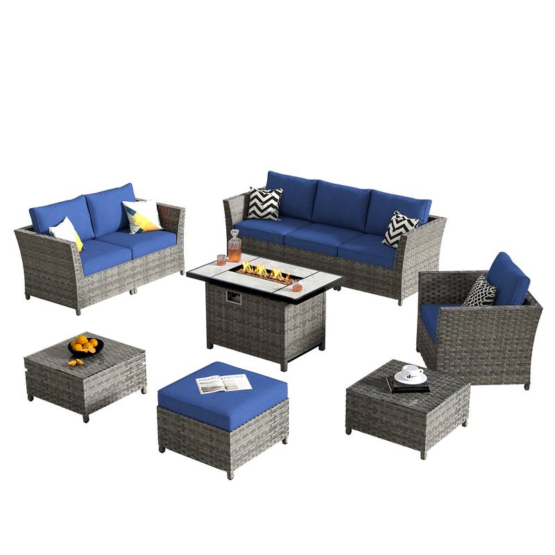 HOOOWOOO 10-piece Wicker Rattan Patio Furniture Sectional Set with Fire Pit