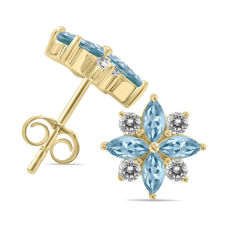 Marquee 1 Carat TW Aquamarine and Diamond Flower Earrings in 10K Yellow Gold