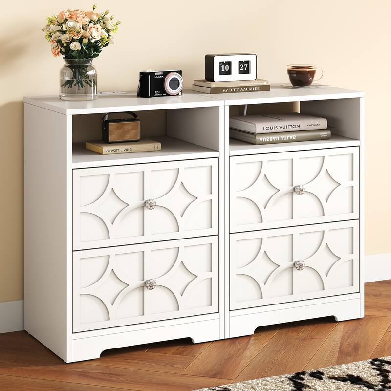 Large Night Stand with 2 Drawers and Charging Station, Set of 2