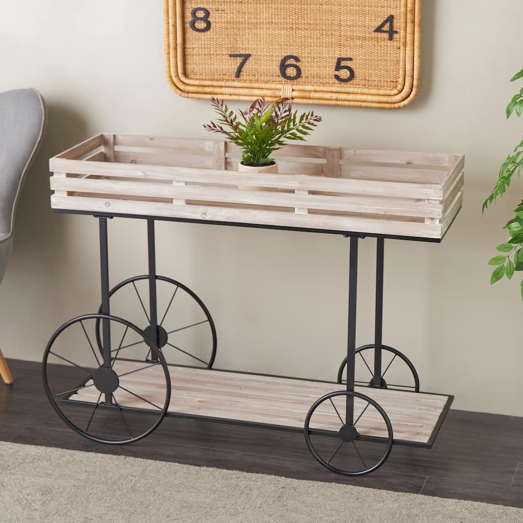 Cream Wood Wheelbarrow 1 Shelf Indoor Plantstand