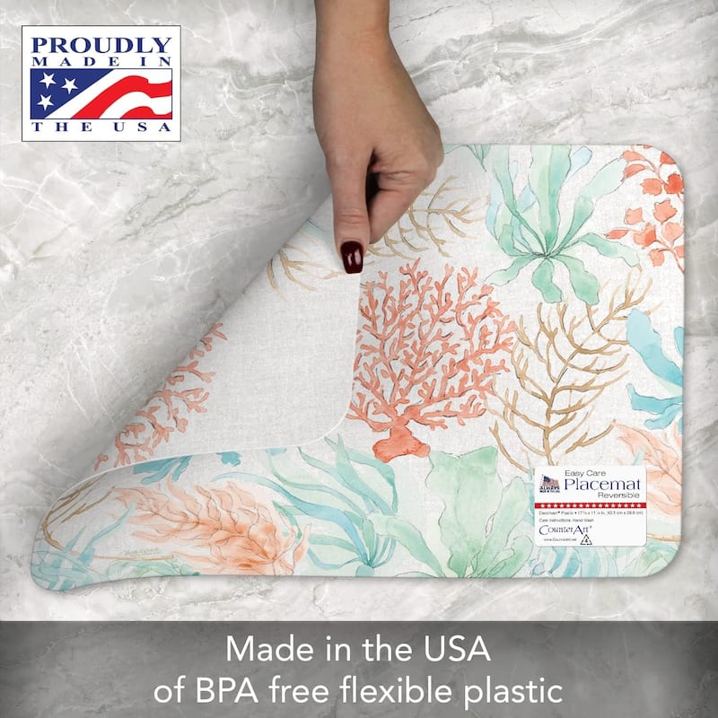 Seaside Reversible Easy Care Flexible Plastic Placemat 4 Pack Made in The USA BPA Free Easily Wipes Clean