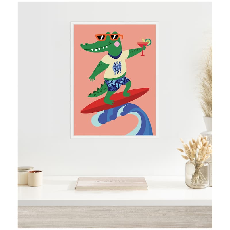 Kate and Laurel Sylvie Surfer Crocodile Framed Canvas by Rachel Lee