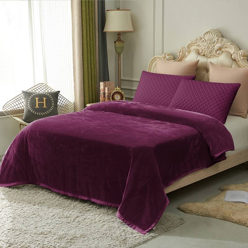 Thicken Reversible Solid Mink Fleece Blanket Fuzzy Cozy Bed Blanket for Couch Camping - 87" x 95" - 4.5 LB - Purple