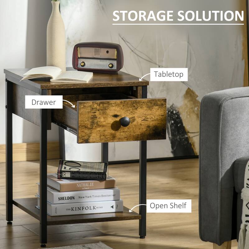 HOMCOM Industrial Side Table with Storage Shelf, Accent Table with Drawer for Living Room, or Bedroom, Rustic Brown