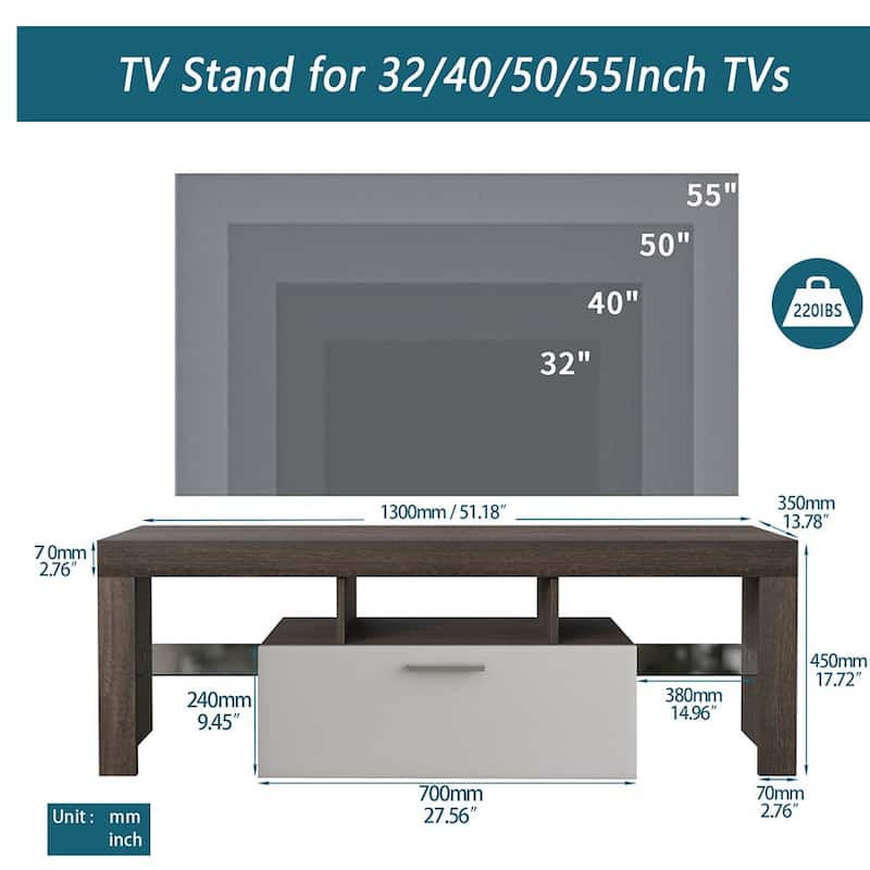 Modern LED TV Stand for 55inch TV, Entertainment Center with Cabinet - 51"L x 14"W x 18"H