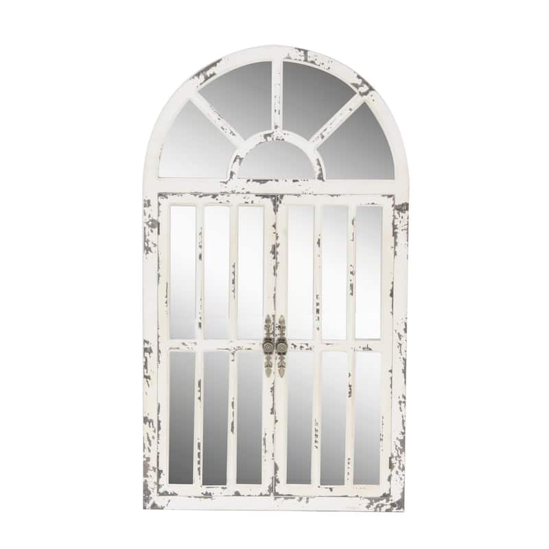Wood Window Pane Inspired 2 Door Room Wall Mirror with Arched Top and Distressing - White - Roche River Decor - White
