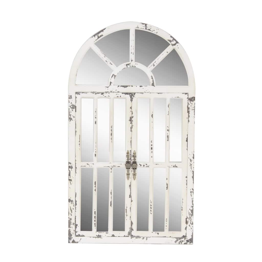 Wood Window Pane Inspired 2 Door Room Wall Mirror with Arched Top and Distressing - White - Roche River Decor