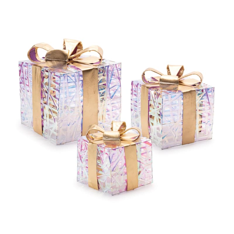 HomeRoots Set of Three Clear And Gold Decorative Boxes With LED - 6.00 in. x 6.50 in. x 6.00 in.