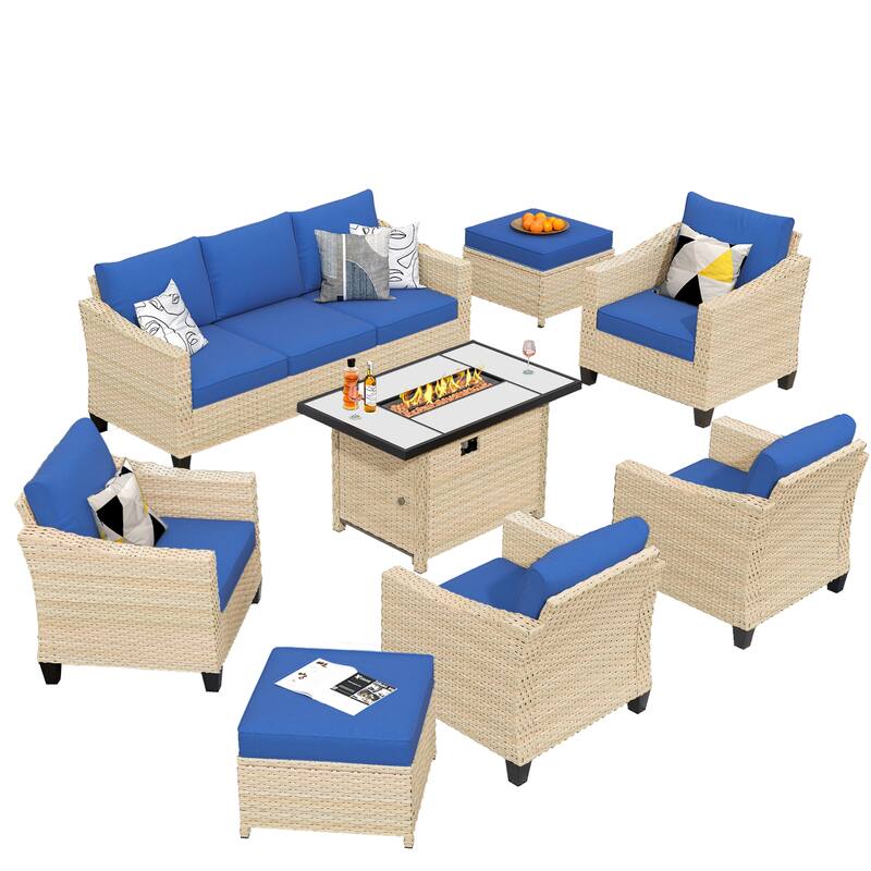 HOOOWOOO 8-piece Wicker Patio Furniture Conversation Set with Fire Pit Table