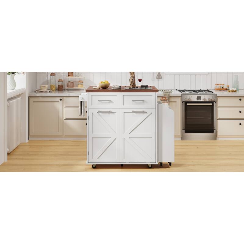 Roomfitters 47.2" Farmhouse Kitchen Island with Drop Leaf, Tilt Trash Can Cabinet, Removable Mobile Side Racks