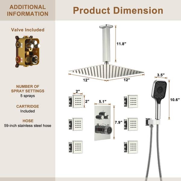 Celling Mount 12 Inch Rainfall Shower Head 3 Function Thermostatic ...