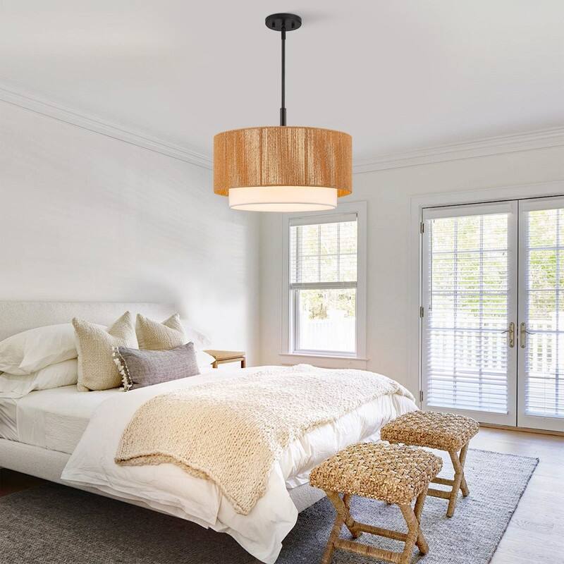 KAWOTI 1-light Adjustable Height Pendant Light with Rattan Shade - W19" x H20"