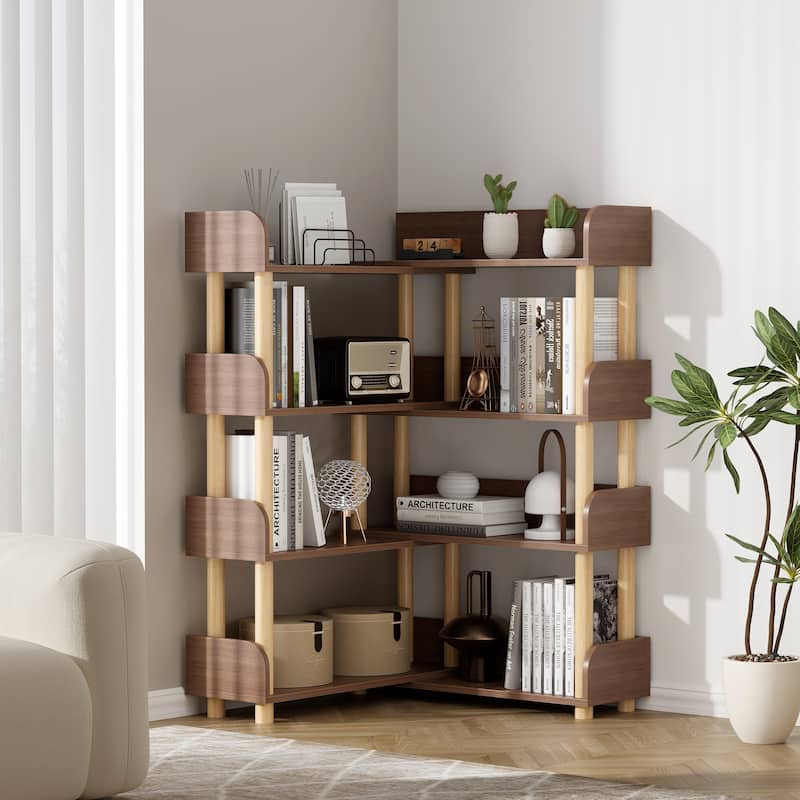 Roomfitters Rotatable Corner Bookcase, 4-Tier Retractable Wooden Storage Rack, Flexible Utility Organizer, Walnut