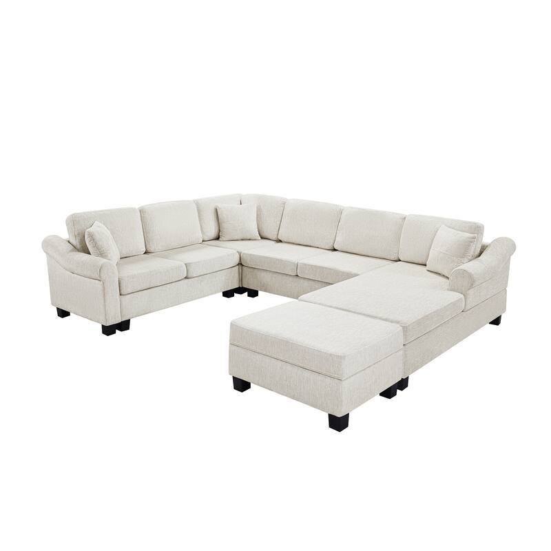 Sectional Sofa 111.8" U-shaped Sofa, Chenille Upholstered Sofa Couch with Movable Storage Ottoman for Living Room