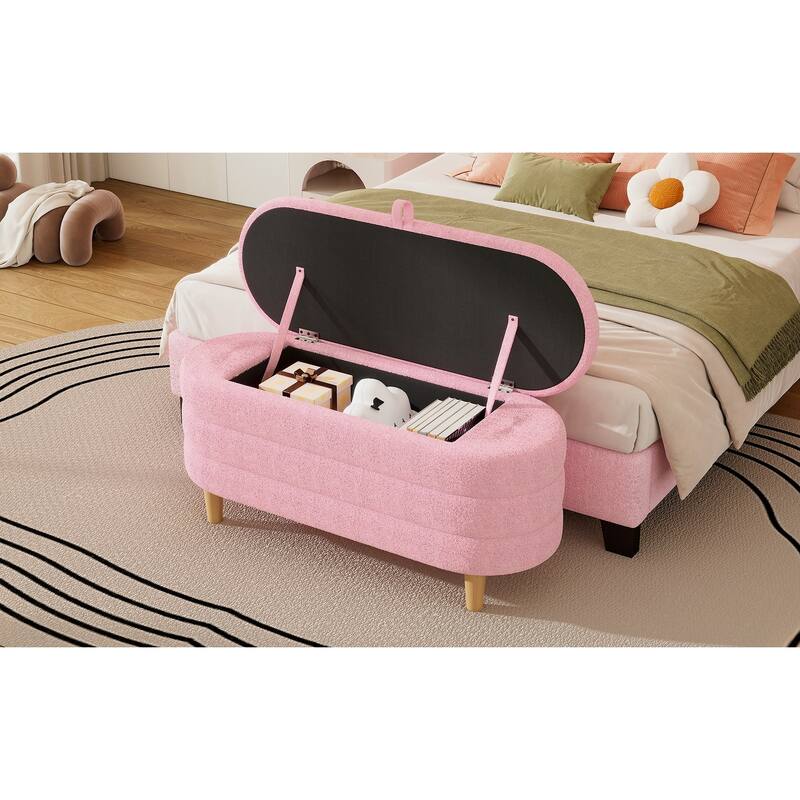 Elegant Upholstered Sherpa Fabric Storage Ottoman with Wood Legs, Storage Bench for Bedroom, Living Room, White