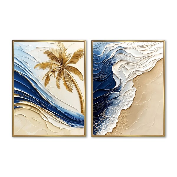 Designart Ocean Waves and Golden Shore Palm Tree - Tropical Framed